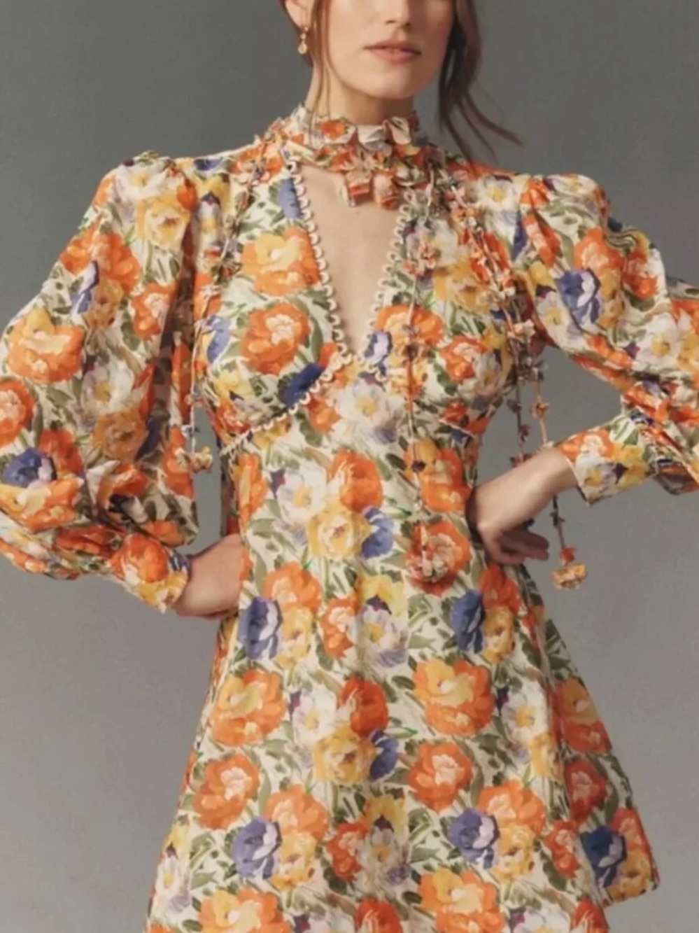 BHLDN Sadie Puff-Sleeve Mini Dress in Orange and Yellow